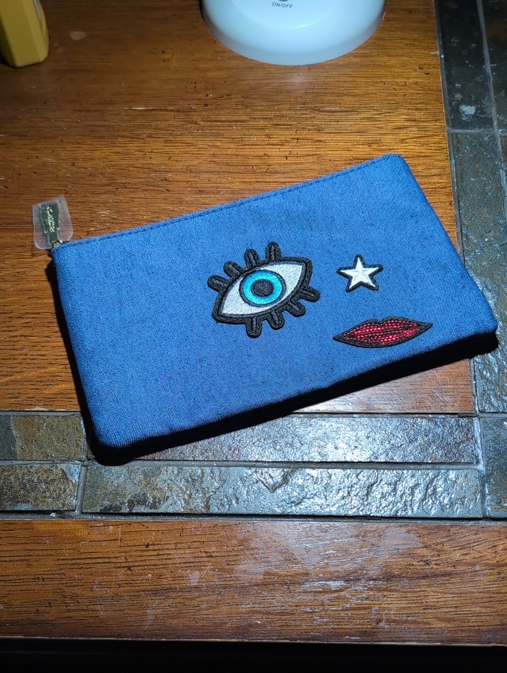 Clarins Blue Denim Zip Pouch with Eye, Star & Lips Patch
